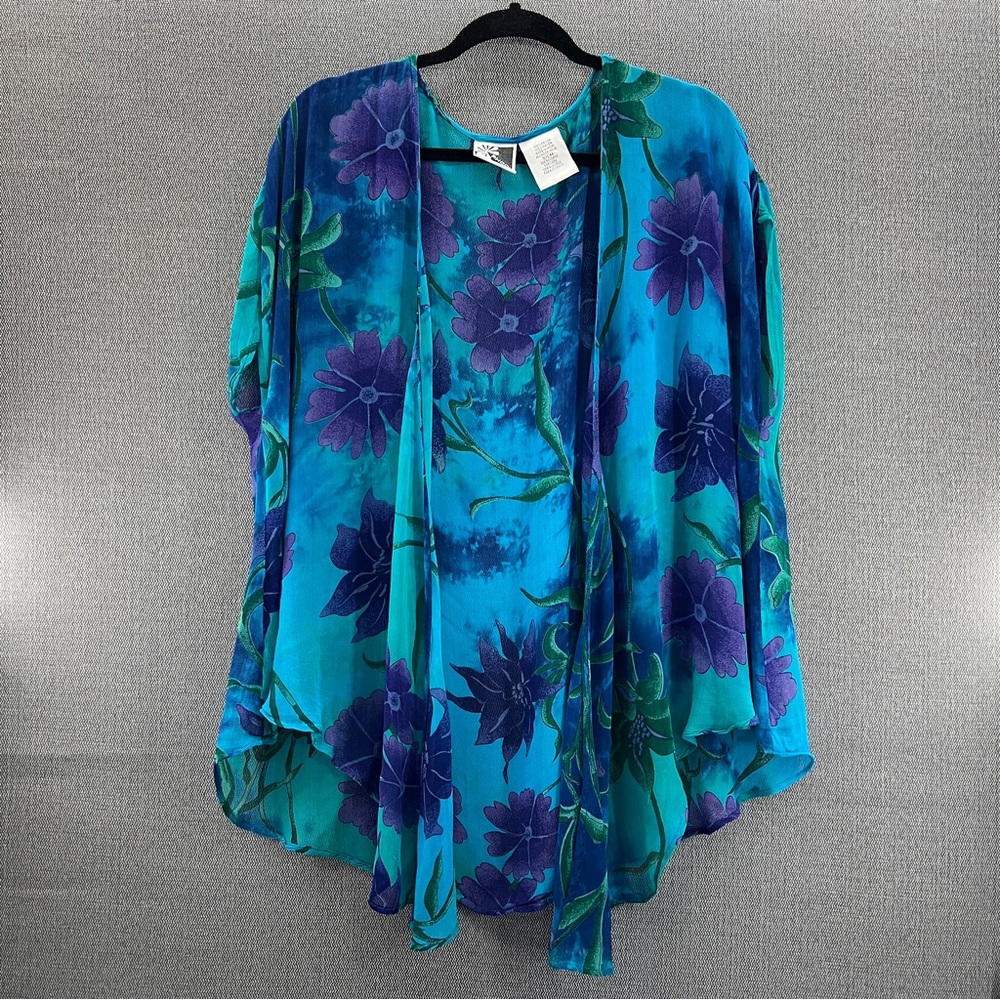 Phool Women’s Sheer Floral Blue/Purple BOHO Open Front Blouse Top Size Small